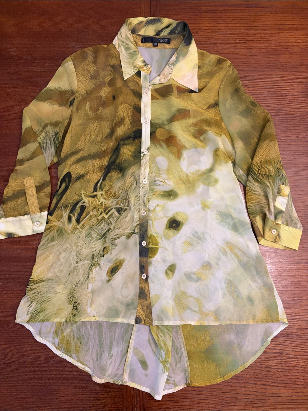 Sheer Olive & Cream Abstract Print Button-Front Blouse